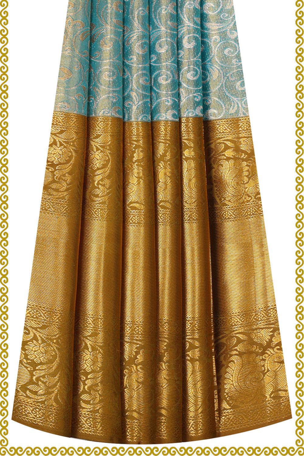 Image of Kanchipattu Blue Tissue Pavada Unstitched Set