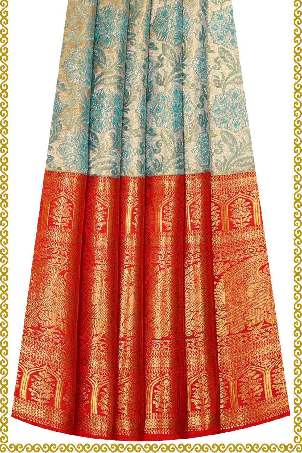 Kanchipattu Golden Blue Tissue Pavada Unstitched Set