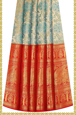 Image of Kanchipattu Golden Blue Tissue Pavada Unstitched Set