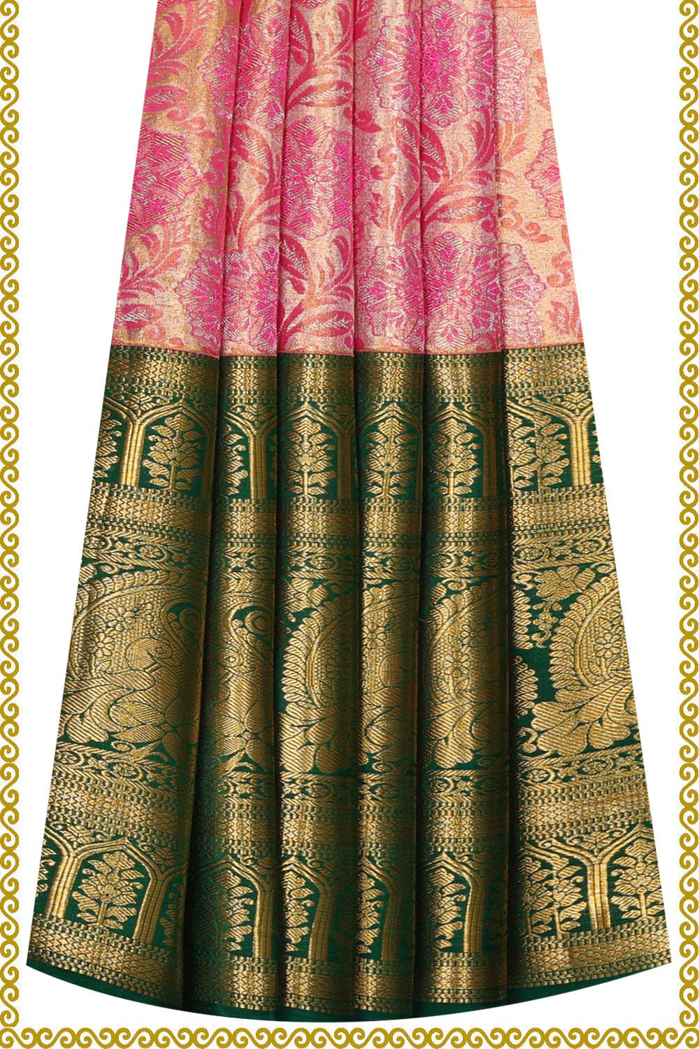 Kanchipattu Golden Pink Tissue Pavada Unstitched Set