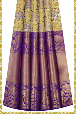 Image of Kanchipattu Yellow Tissue Pavada Unstitched Set