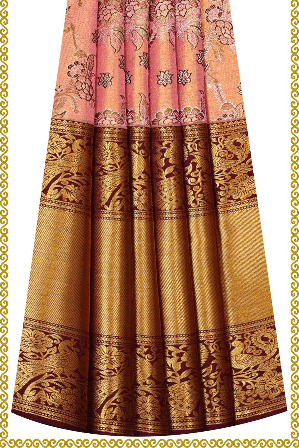 Kanchipattu Peach Tissue Pavada Unstitched Set