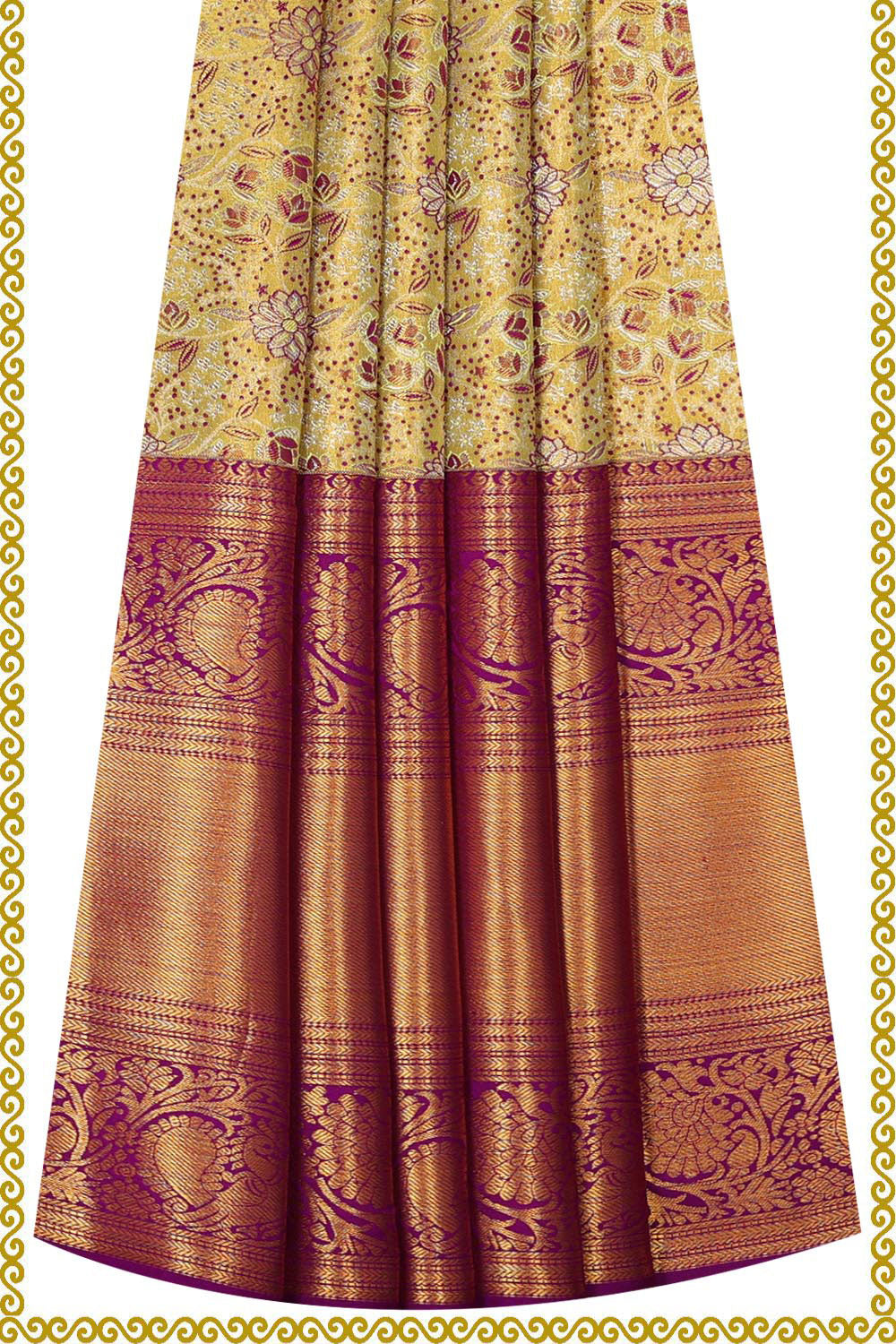 Kanchipattu Yellow Tissue Pavada Unstitched Set