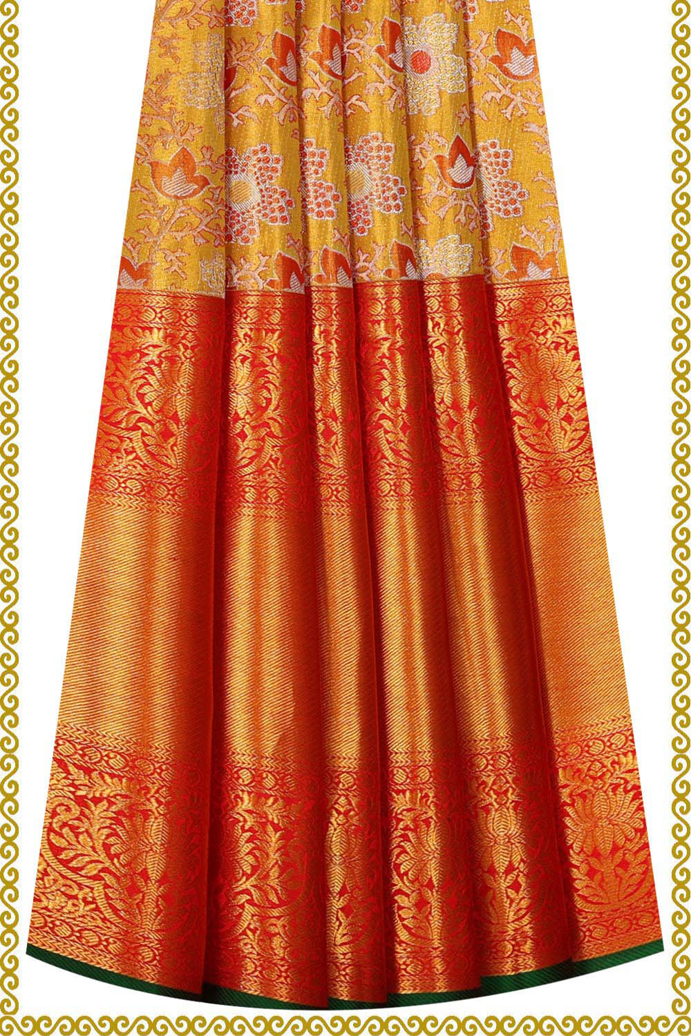 Kanchipattu Golden Yellow Tissue Pavada Unstitched Set