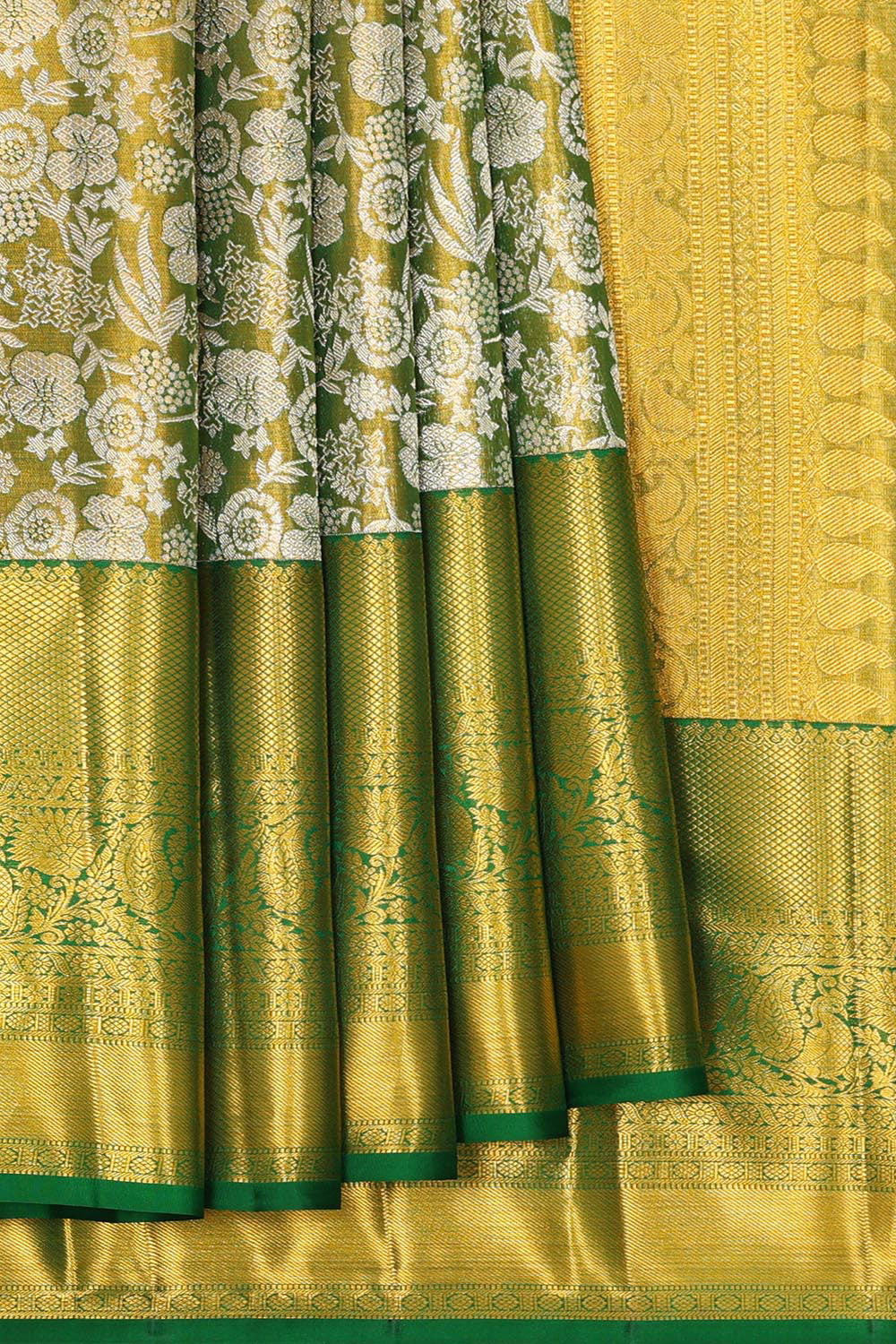 Collection of Kanchipattu Dark Green Tissue Brocade Saree in a gallery layout