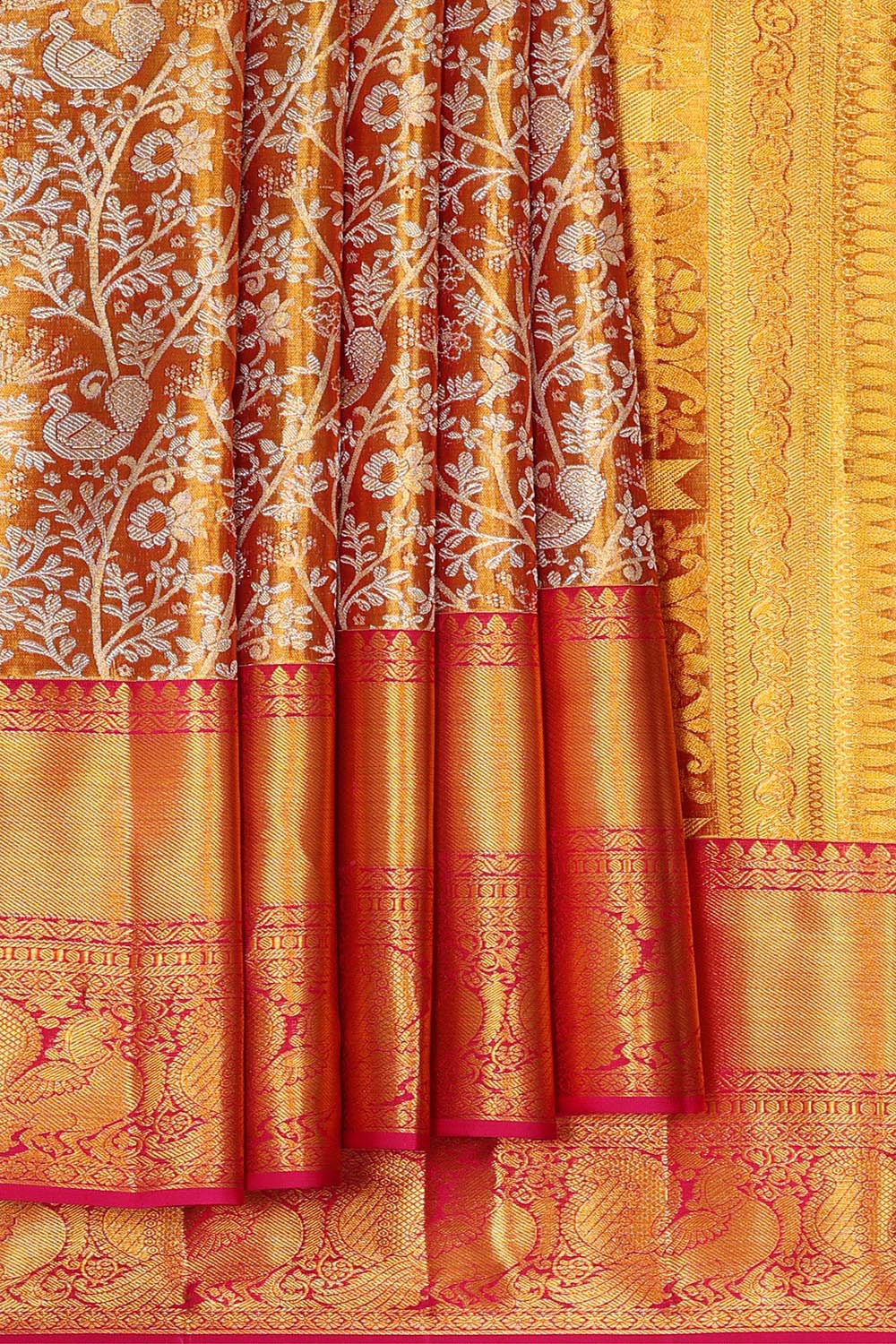 Collection of Kanchipattu Golden Brown Tissue Brocade Saree in a gallery layout