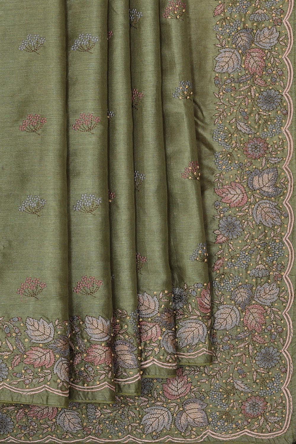 Embroidered Tussar Silk Dark Pista Green Saree