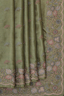 Image of Embroidered Tussar Silk Dark Pista Green Saree