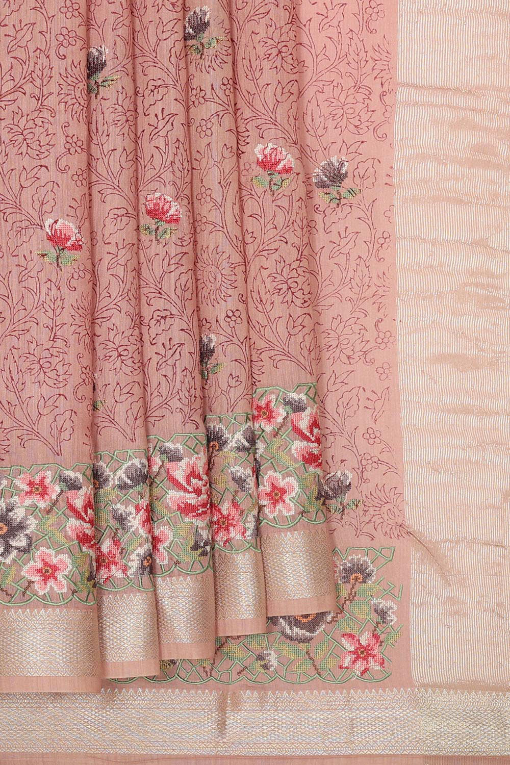 Image of Printed Tussar Silk Dusty Peach Saree