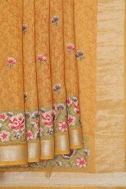 Image of Printed Tussar Silk Mustard Yellow Saree