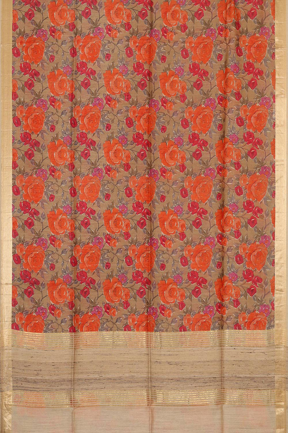 Printed Tussar Silk Creamy Brown Saree