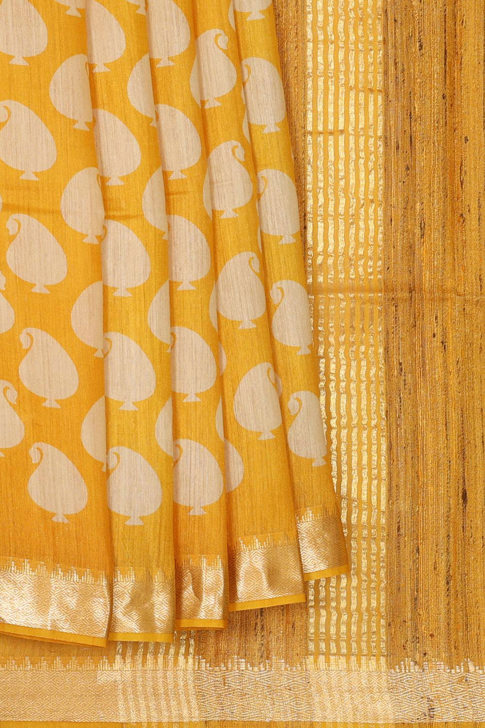 Printed Tussar Silk Haldi Yellow Saree