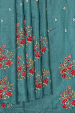 Image of Embroidered Tussar Silk Teal Blue Saree