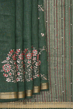 Image of Embroidered Tussar Silk Bottle Green Saree