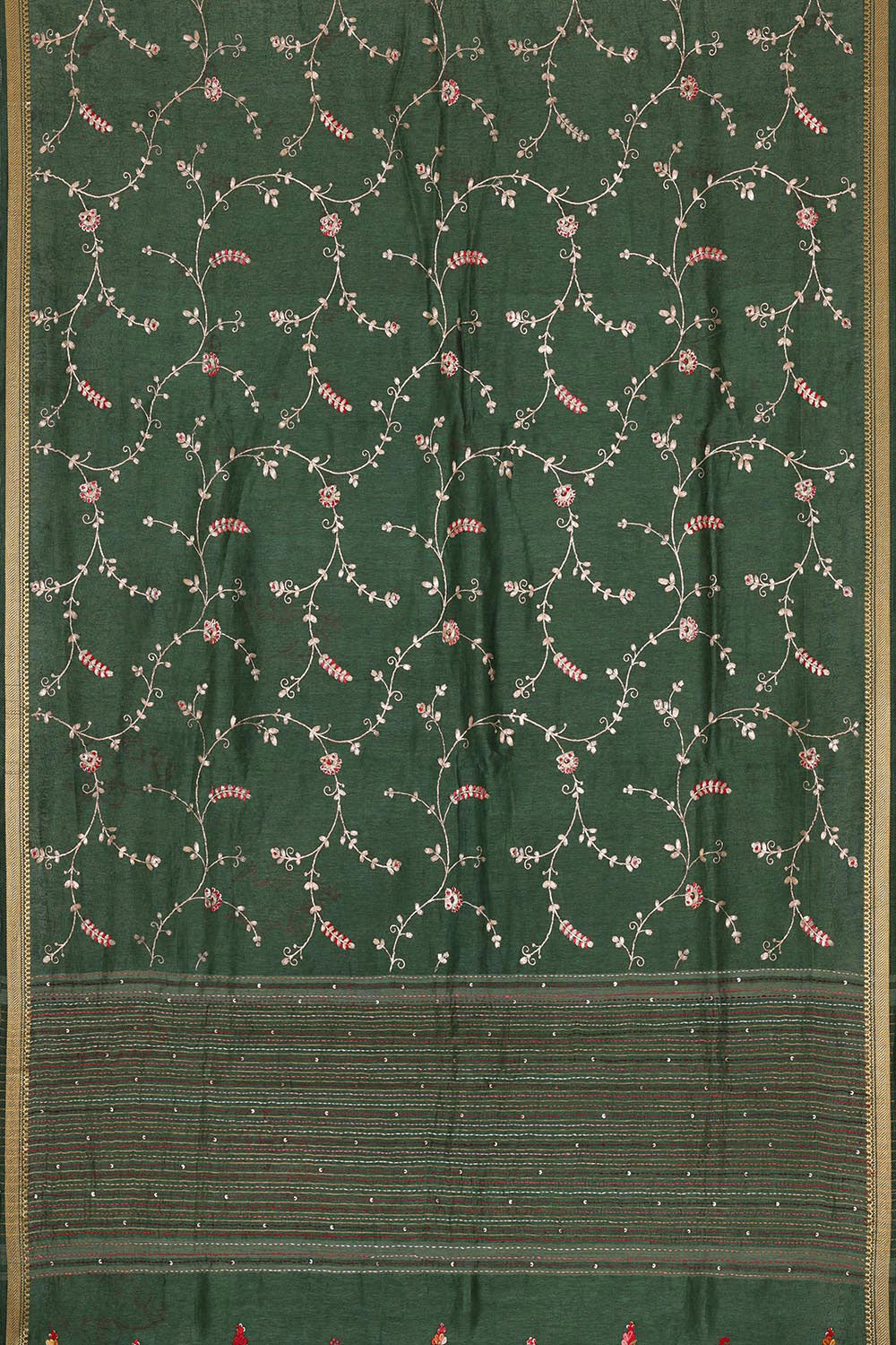 Image of Embroidered Tussar Silk Bottle Green Saree