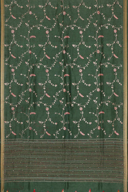 Image of Embroidered Tussar Silk Bottle Green Saree