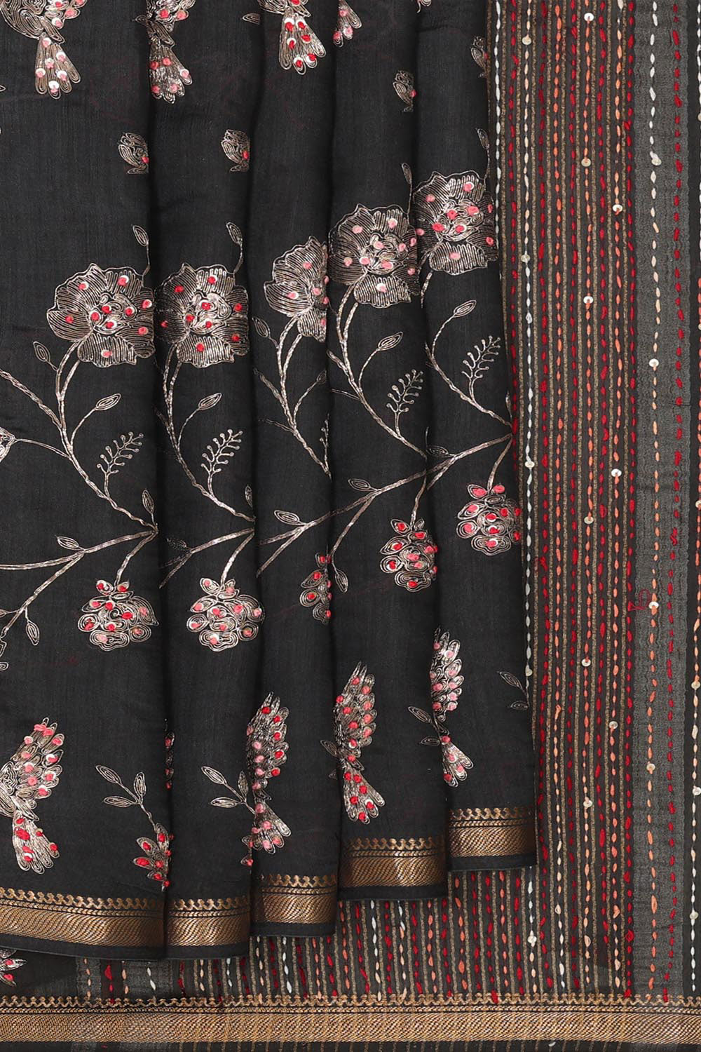 Embroidered Tussar Silk Black Saree