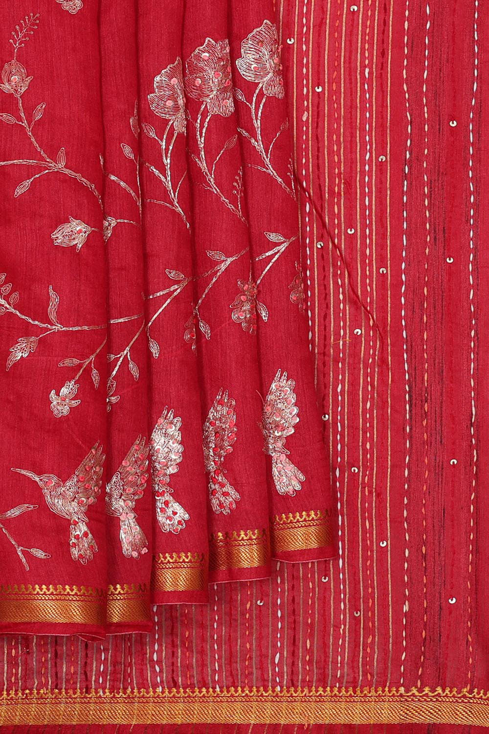 Embroidered Tussar Silk Pinkish Red Saree