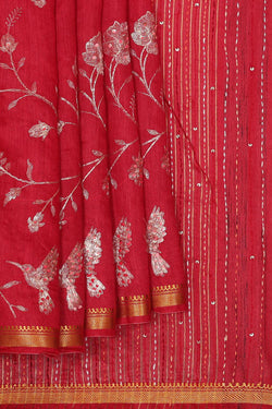 Image of Embroidered Tussar Silk Pinkish Red Saree