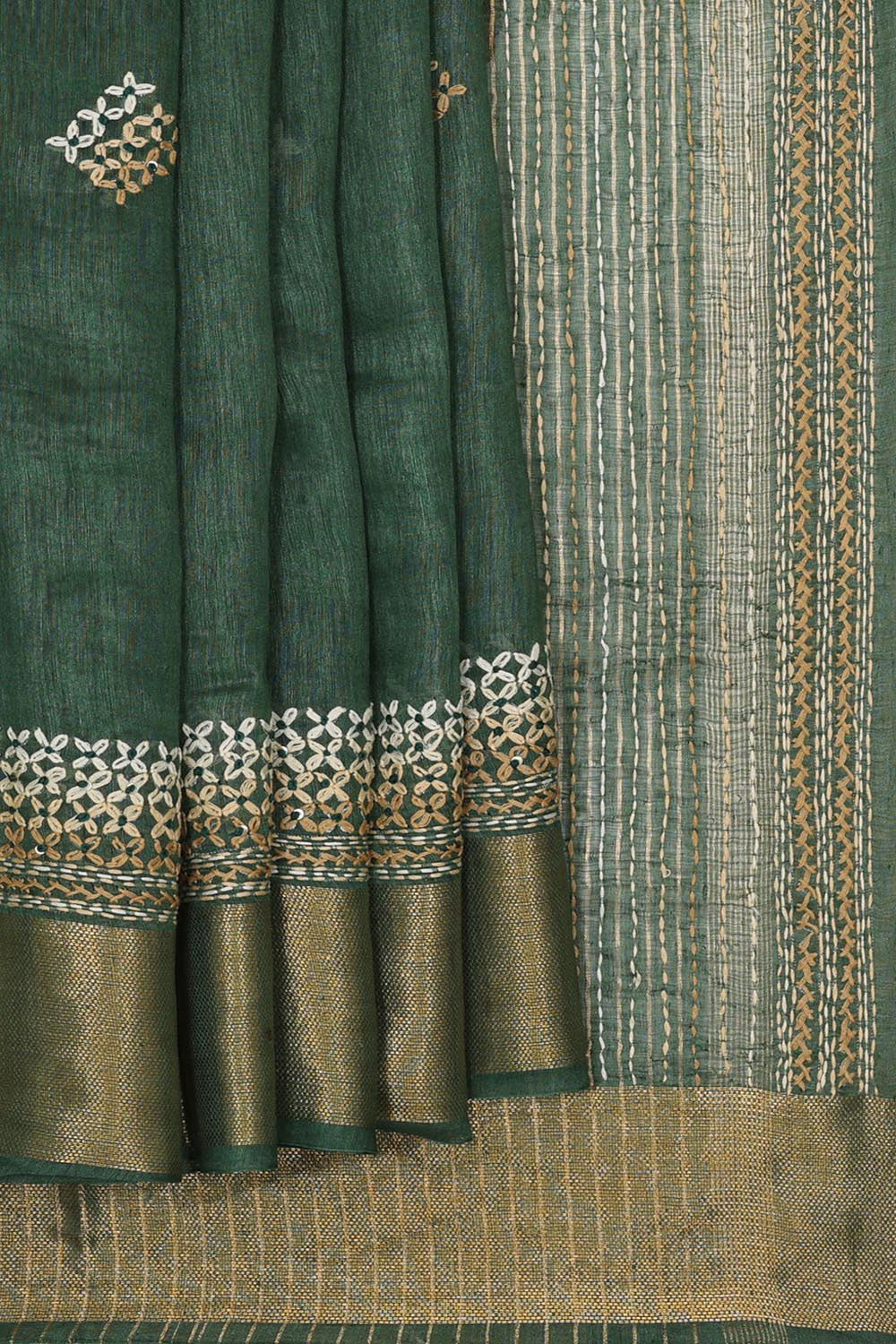 Embroidered Tussar Silk Bottle Green Saree