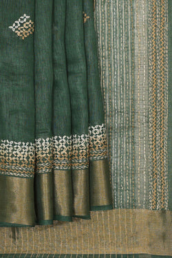 Image of Embroidered Tussar Silk Bottle Green Saree