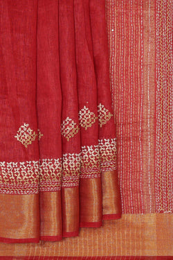 Image of Embroidered Tussar Silk Red Saree