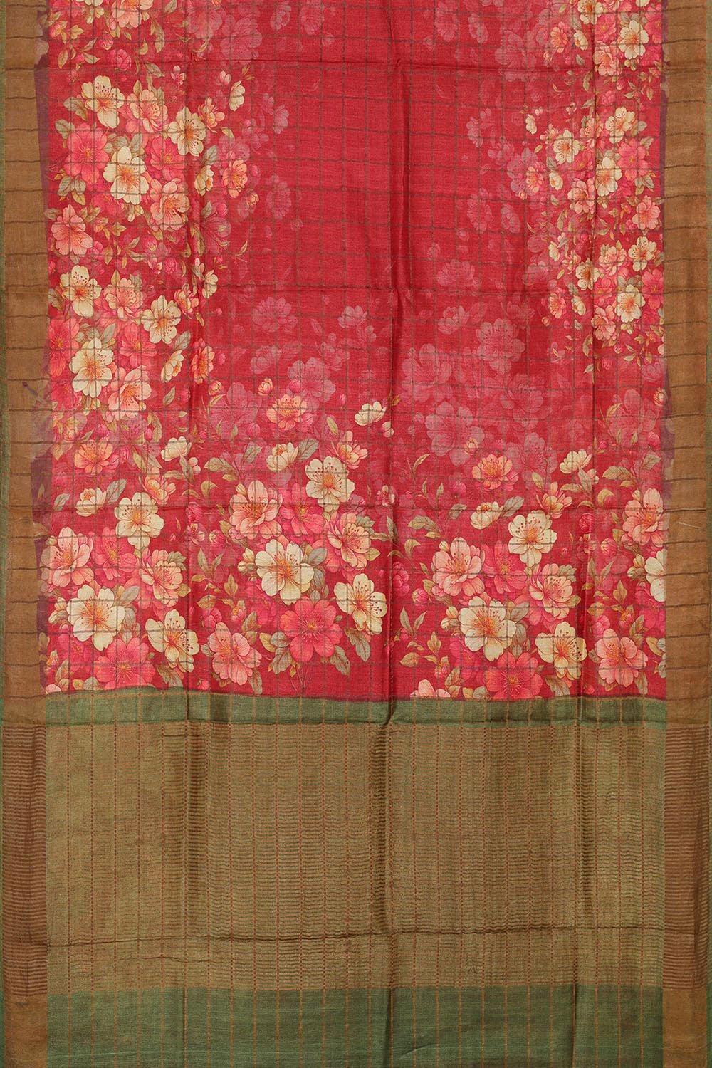 Printed Tussar Silk Pinkish Red Saree