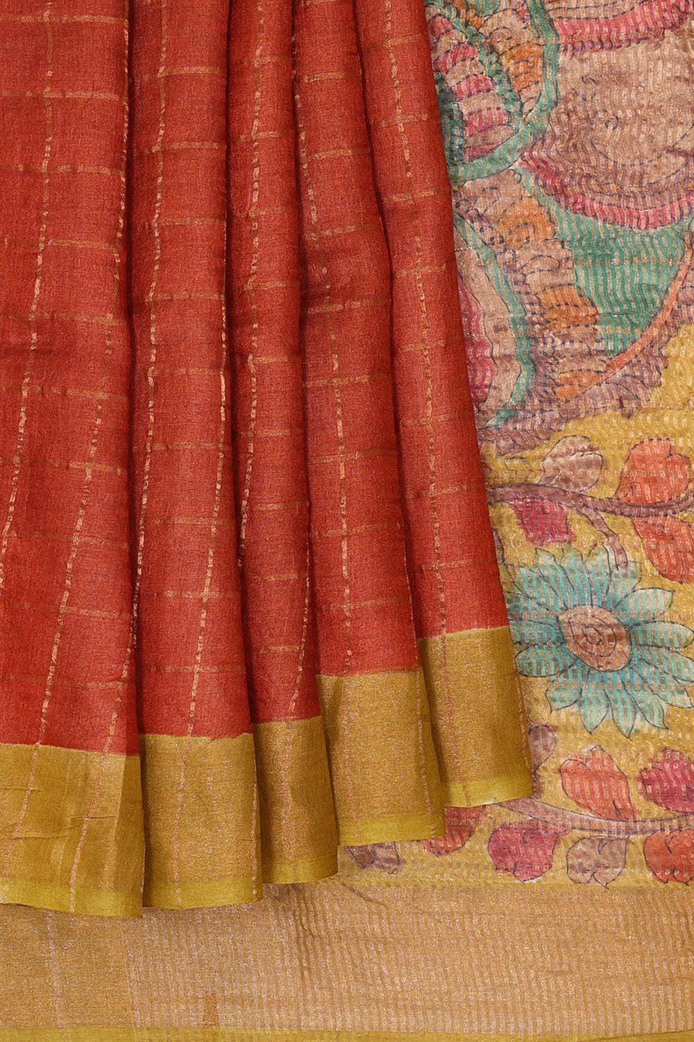 Printed Tussar Silk Orange Brown Saree