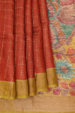 Image of Printed Tussar Silk Orange Brown Saree