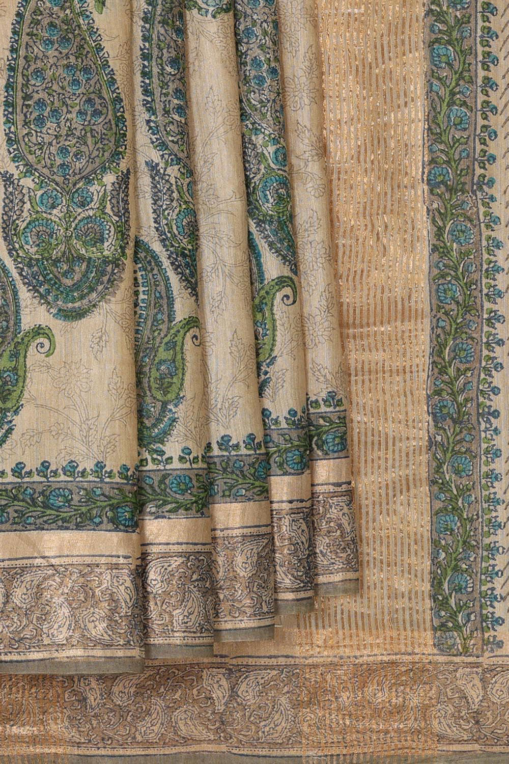 Printed Tussar Silk Cream Saree