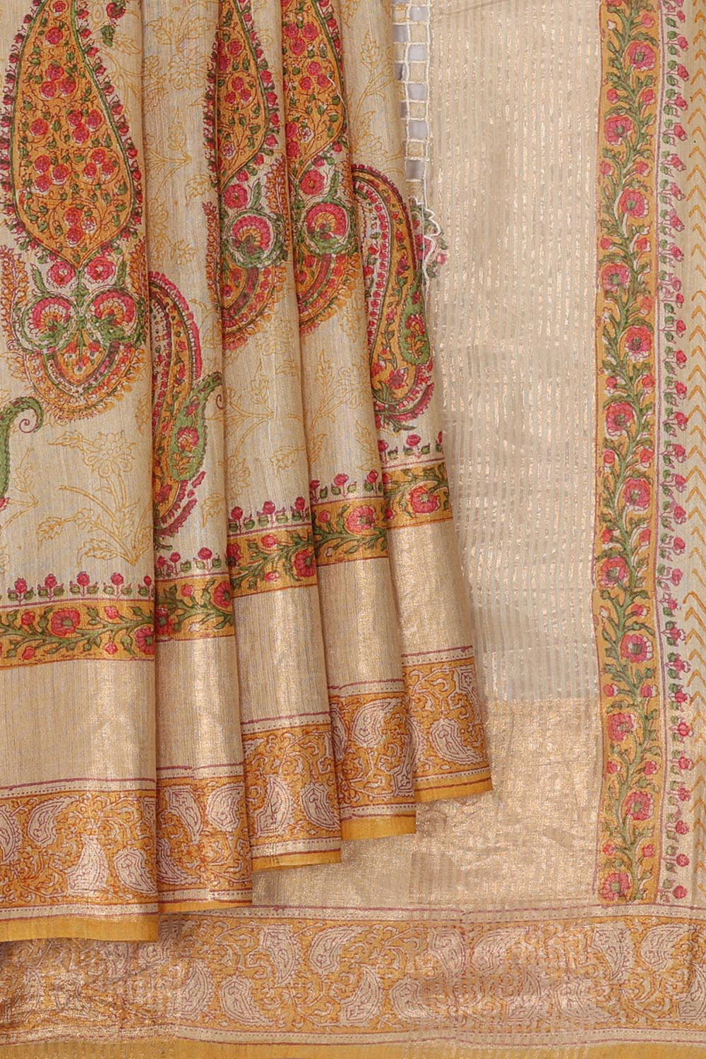 Printed Tussar Silk Cream Saree