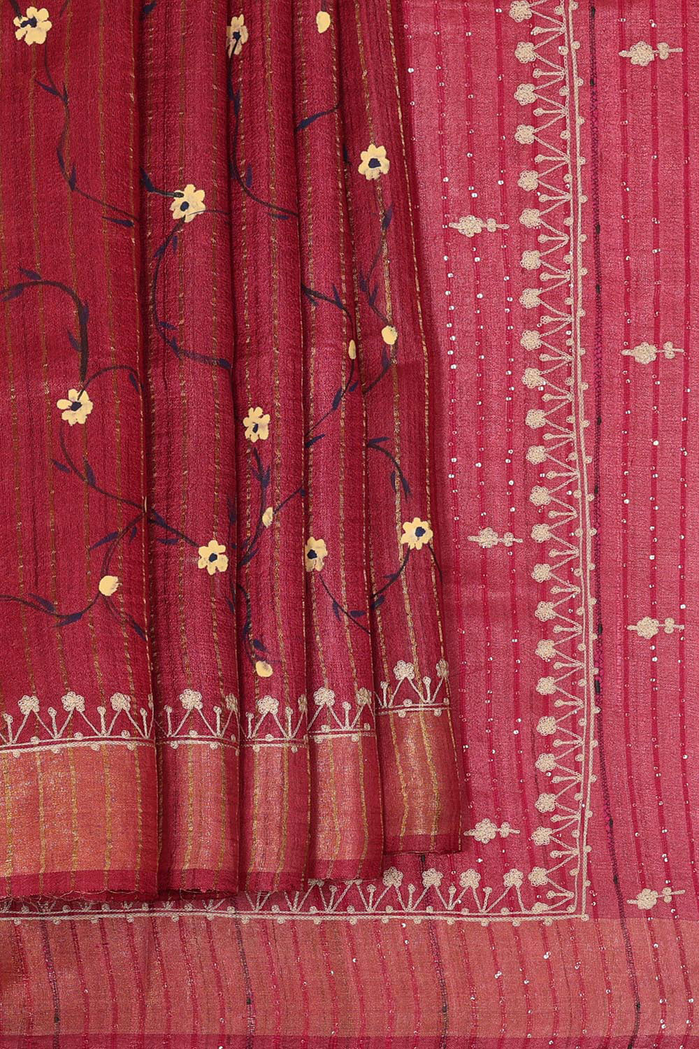 Printed Tussar Silk Dark Red Saree