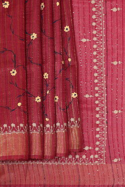 Image of Printed Tussar Silk Dark Red Saree