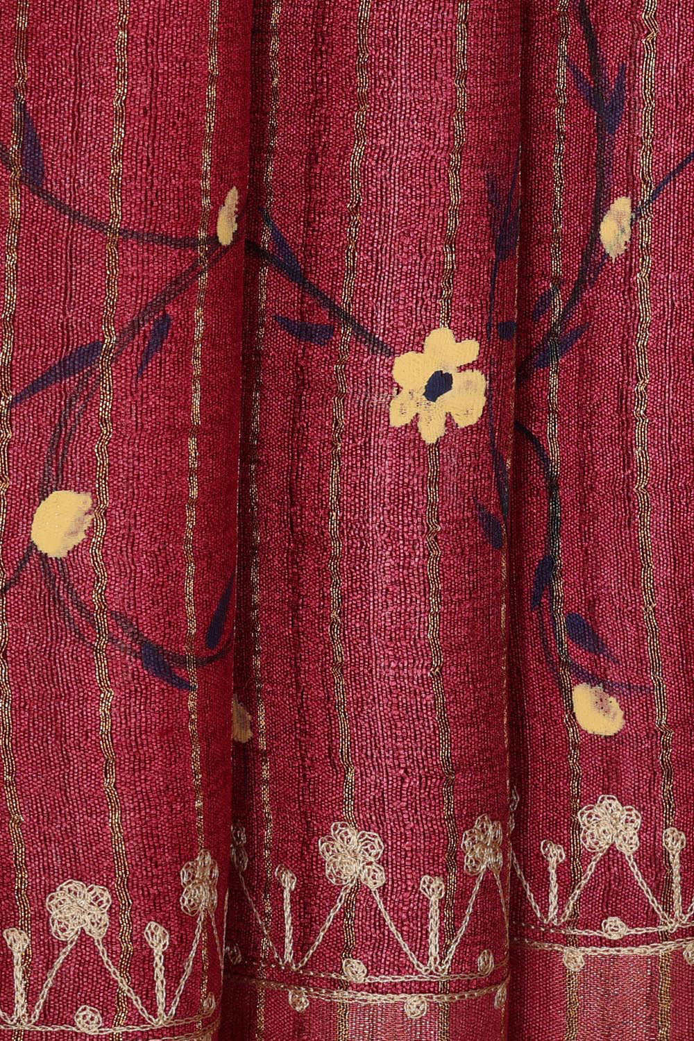 Printed Tussar Silk Dark Red Saree