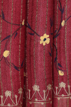 Image of Printed Tussar Silk Dark Red Saree