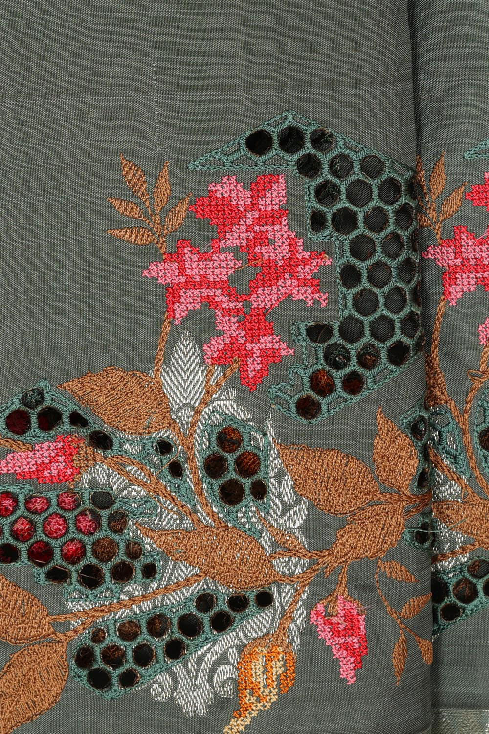 Image of Kanchipattu Grey Embroidered Saree