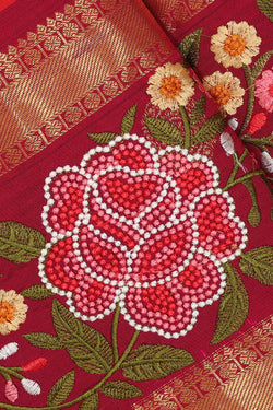 Image of Kanchipattu Red Embroidered Saree