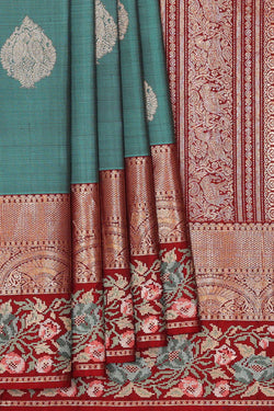 Image of Kanchipattu Dull Teal Green Embroidered Saree