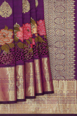 Image of Kanchipattu Purple Embroidered Saree