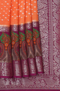 Image of Banarasi Chiniya Orange Bandhani Saree