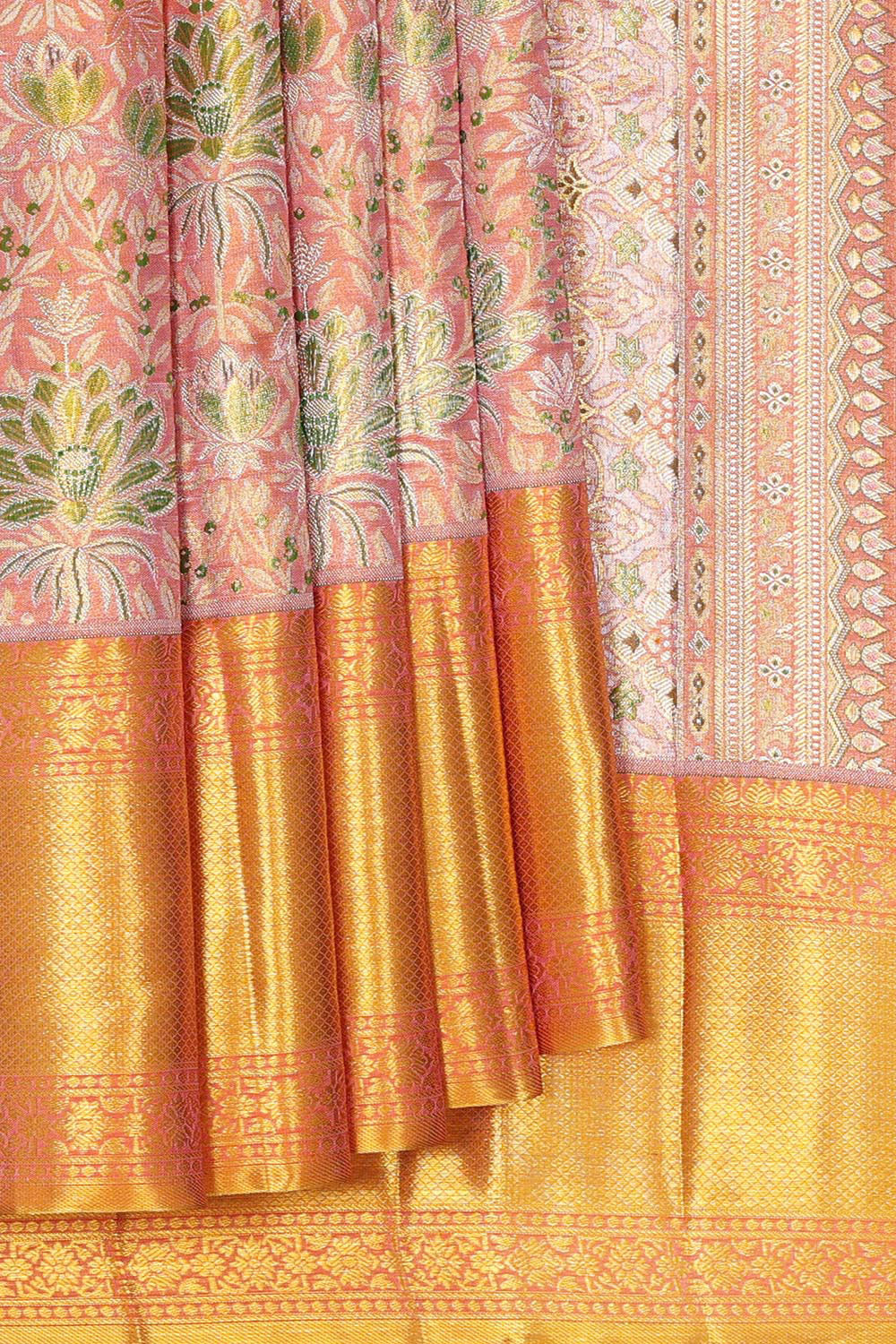 Kanchipattu Peach Pink Tissue Brocade Saree