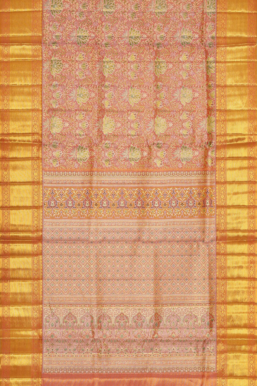 Kanchipattu Peach Pink Tissue Brocade Saree