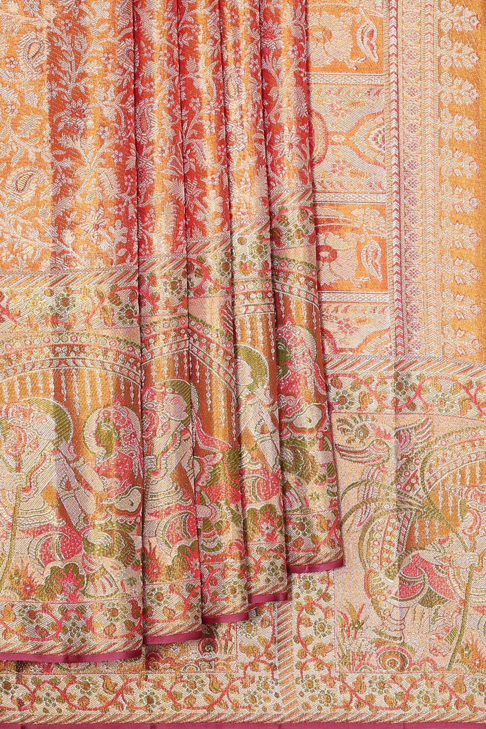 Kanchipattu Golden Orange Tissue Brocade Saree