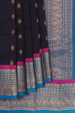 Image of Gadwal Silk Cotton Dark Navy Blue Saree