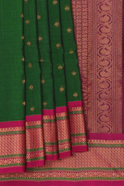 Image of Gadwal Silk Cotton Dark Green Saree