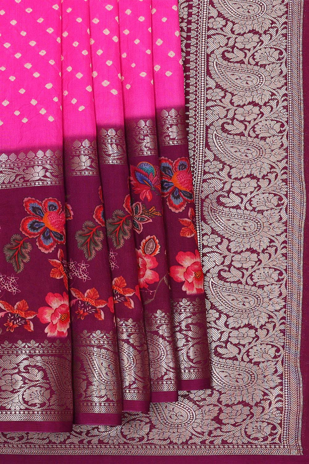 Banarasi Chiniya Bright Pink Bandhani Saree