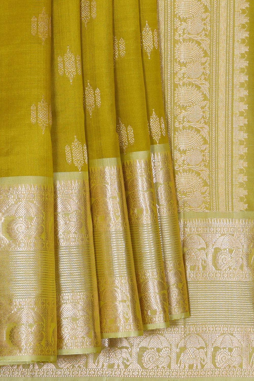 Kanchi Kora Golden Green Brocade Saree