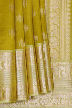 Image of Kanchi Kora Golden Green Brocade Saree