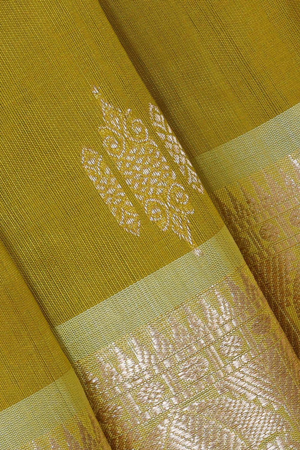 Kanchi Kora Golden Green Brocade Saree