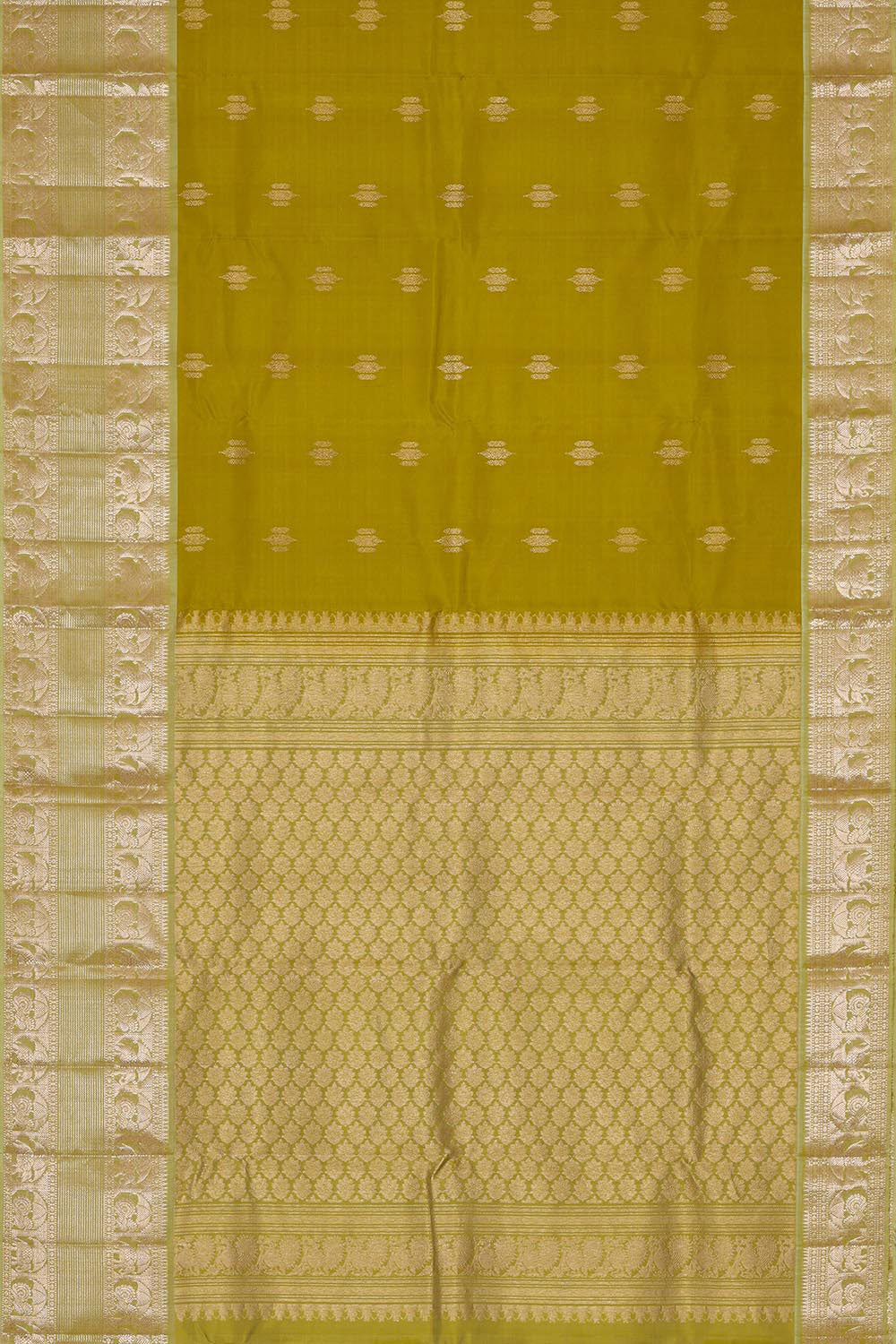 Kanchi Kora Golden Green Brocade Saree